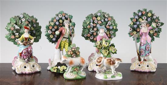 Collection of six Continental Chelsea style porcelain figures, 19th century, largest 17.5cm, smallest 10cm